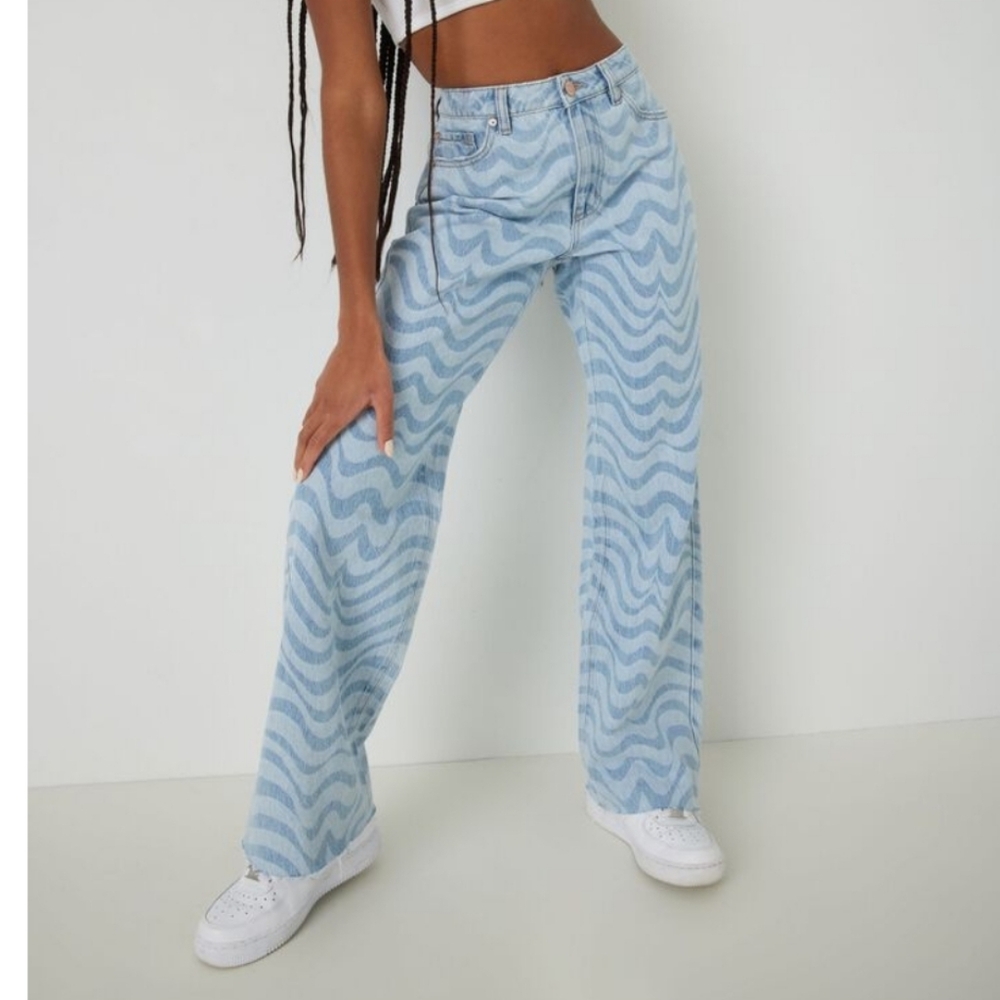 Stylish Blue Patterned Women Jeans Wide Leg Y2k